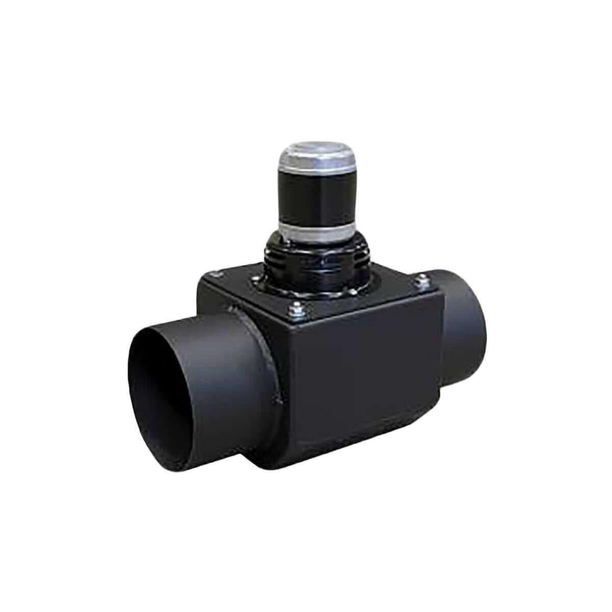 Schwarzer Metalldämpfer mit silberner Knopfvorrichtung für Zusatzgebläse im Attack Holzvergaserkessel