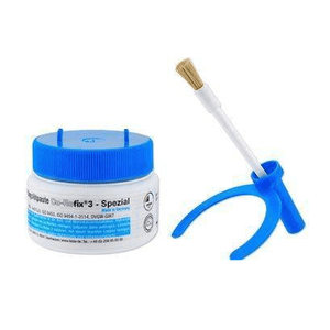 Fittingslötpaste CU-Rofix 3 mit Pinsel 🖌️ in blauem Behälter für Kupferrohre 🚰 und Heizungsinstallationen.