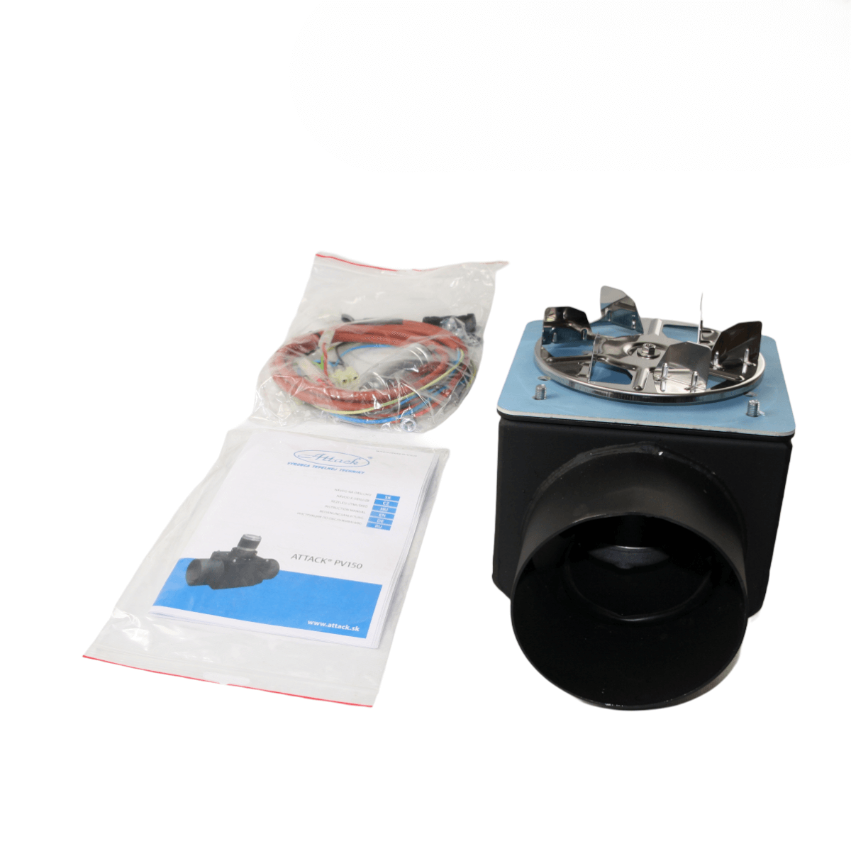 Schwarze silberne Zusatzgebläse für Attack Holzvergaserkessel mit Kabeln und Anleitung