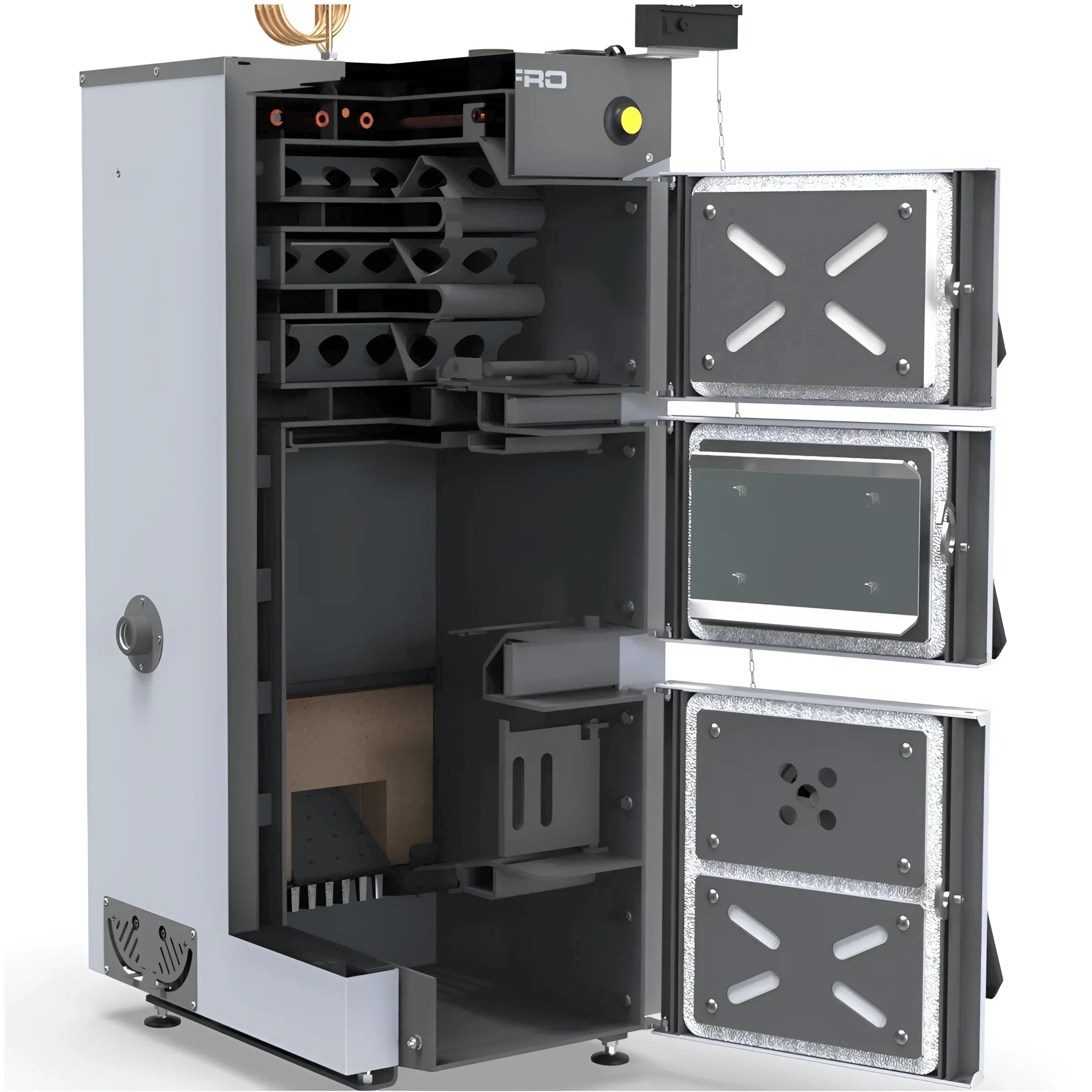 Offenes, industrielles Feuerungsraum des Defro Firewood Plus 24 kW Naturzugkessel