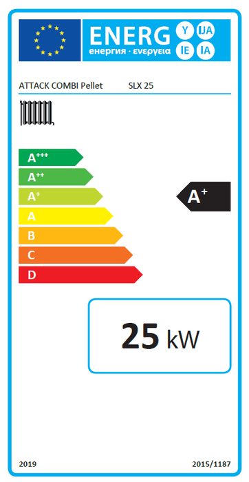 Energieeffizienzlabel für Attack SLX Kombikessel, zeigt A+ Rating und 25 kW Leistung ⚡. Ideal für Holz & Pellets.