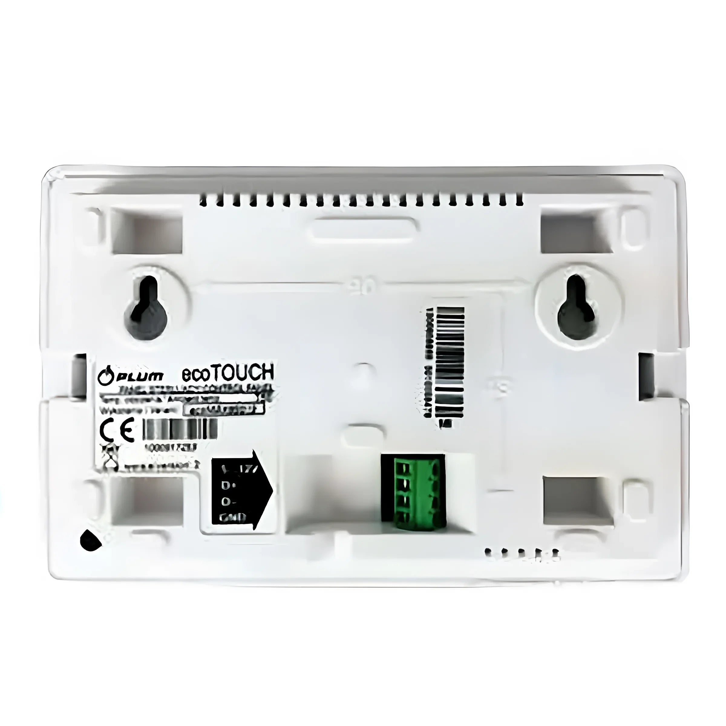 Rückseite des weißen ecoTOUCH Smart-Home-Controller mit Montagelöchern und Anschlussöffnungen