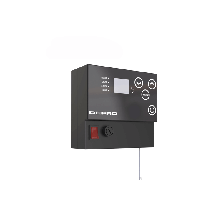 Defro Bedienfeld mit Display und Steuerung für 12 kW Scheitholzkessel, intuitives Design für einfache Nutzung.