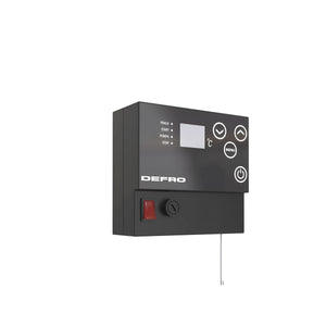 Schwarzes elektronisches Steuerfeld am Defro Firewood Plus 24 kW Naturzugkessel