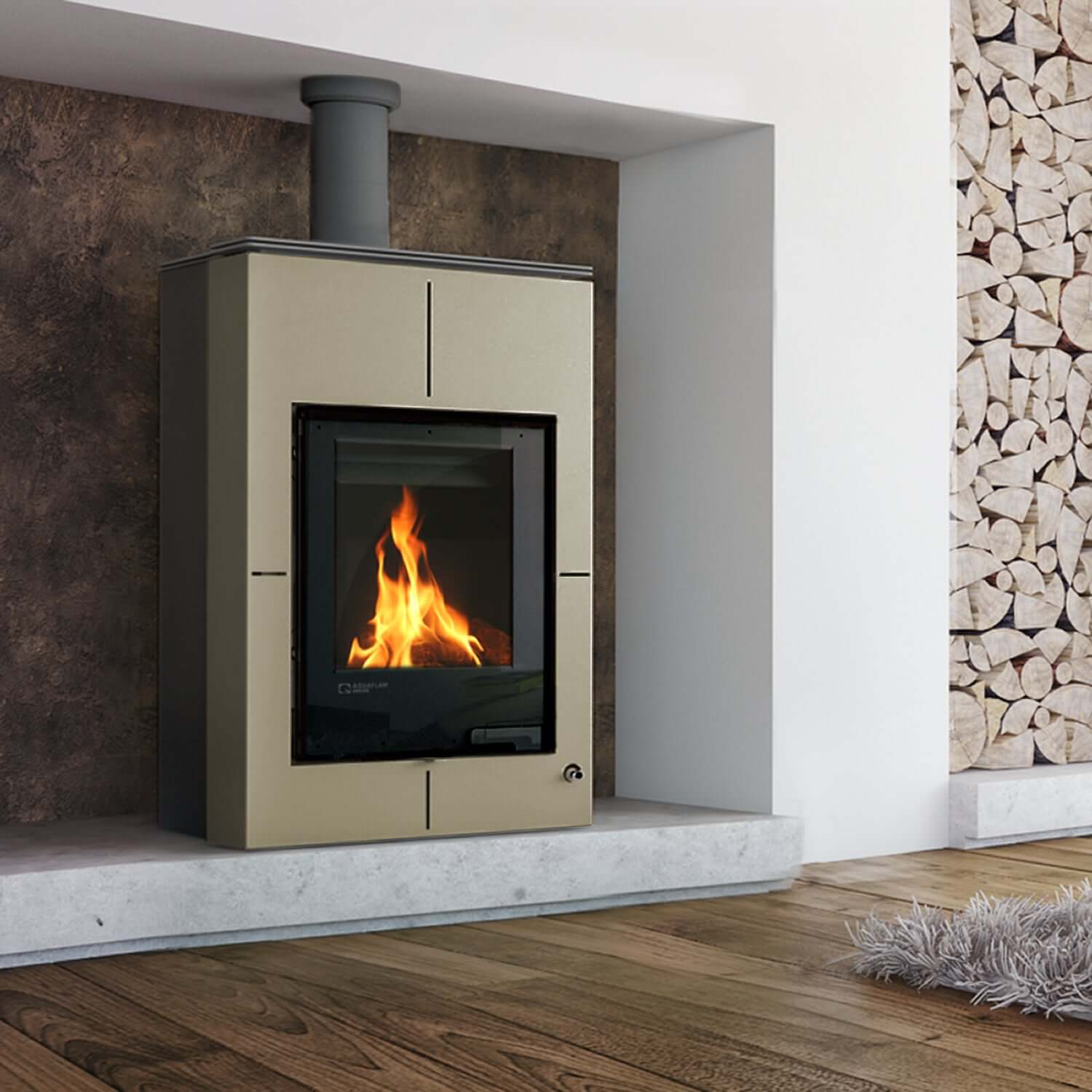 Moderne Kaminofen Vario Saporo 🔥, wasserführend mit 11 kW, elegantes Design & effiziente Verbrennung im Wohnzimmer.