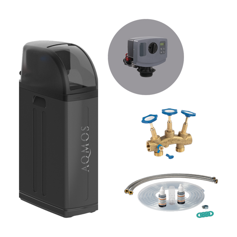 Wasserenthärtungsanlage AQMOS R2D2-48 Black Edition mit Anschlussset und Montageblock