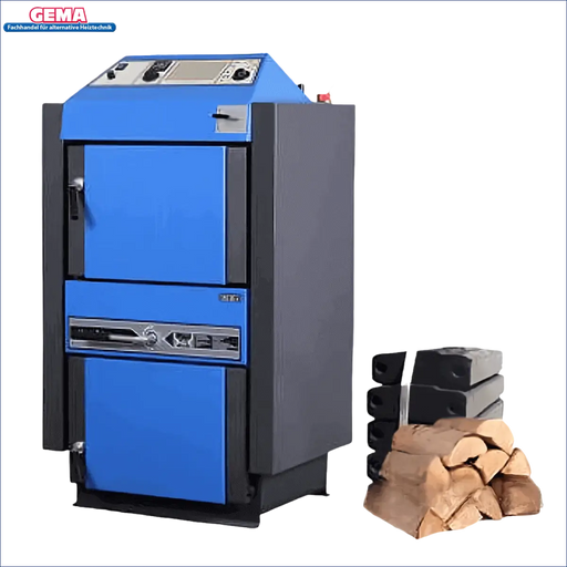 Blaue und graue Holzofen mit Kessel und Brennstoff für Atmos KC25S Kohlekessel