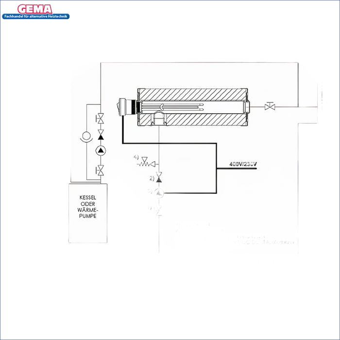 Heizungssystemdiagramm für Durchlauferhitzer MDC 230 plus 2 kW Heizstab