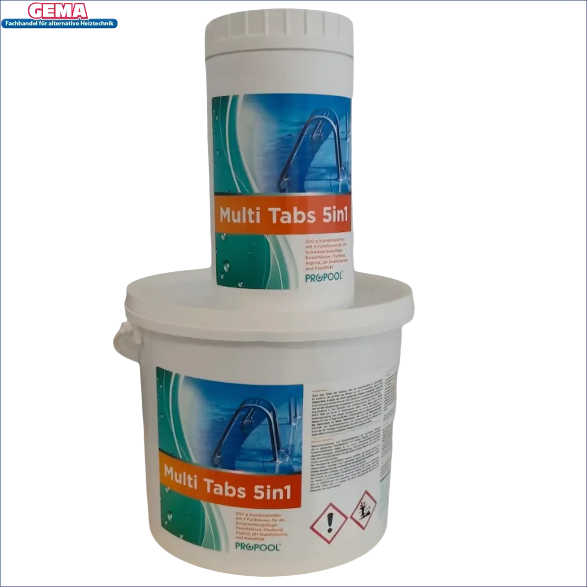 Weiße Poolchemikalien-Container für Multi Tabs 200g und Chlor Start in 5-Phasen Pflege