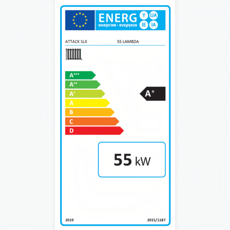GEMA Shop Energieeffizienzlabel A+ für den ATTACK SLX 55 LAMBDA Holzvergaserkessel mit 55 kW Leistung
