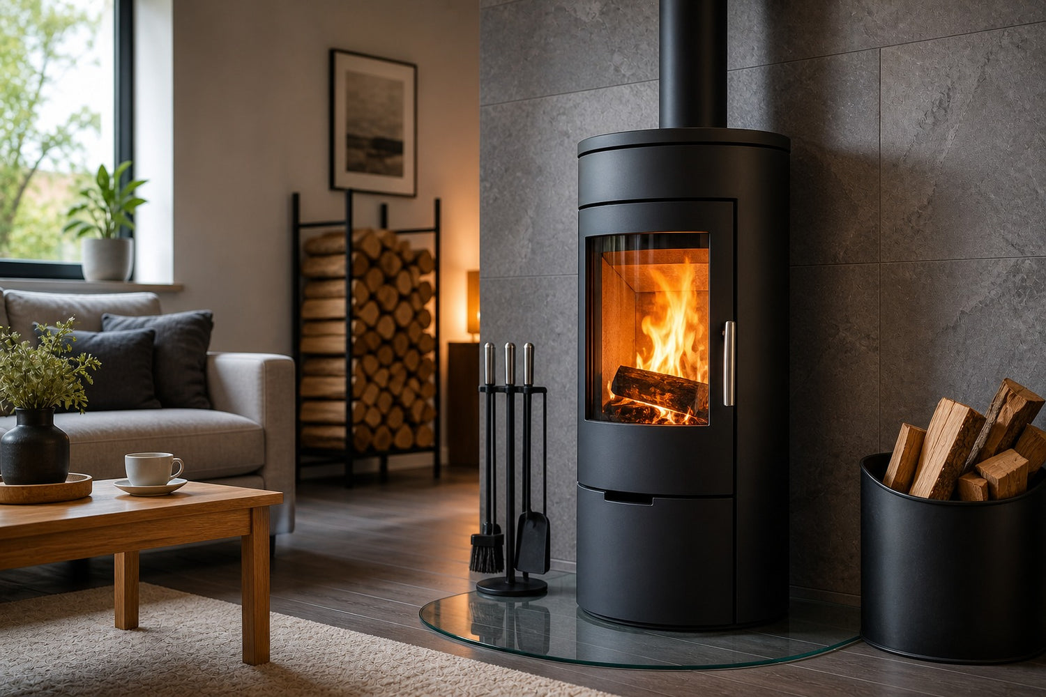 Kaminofen Komplettpaket mit Holzofen, Ofenrohr und Kaminzubehör im modernen Wohnraum
