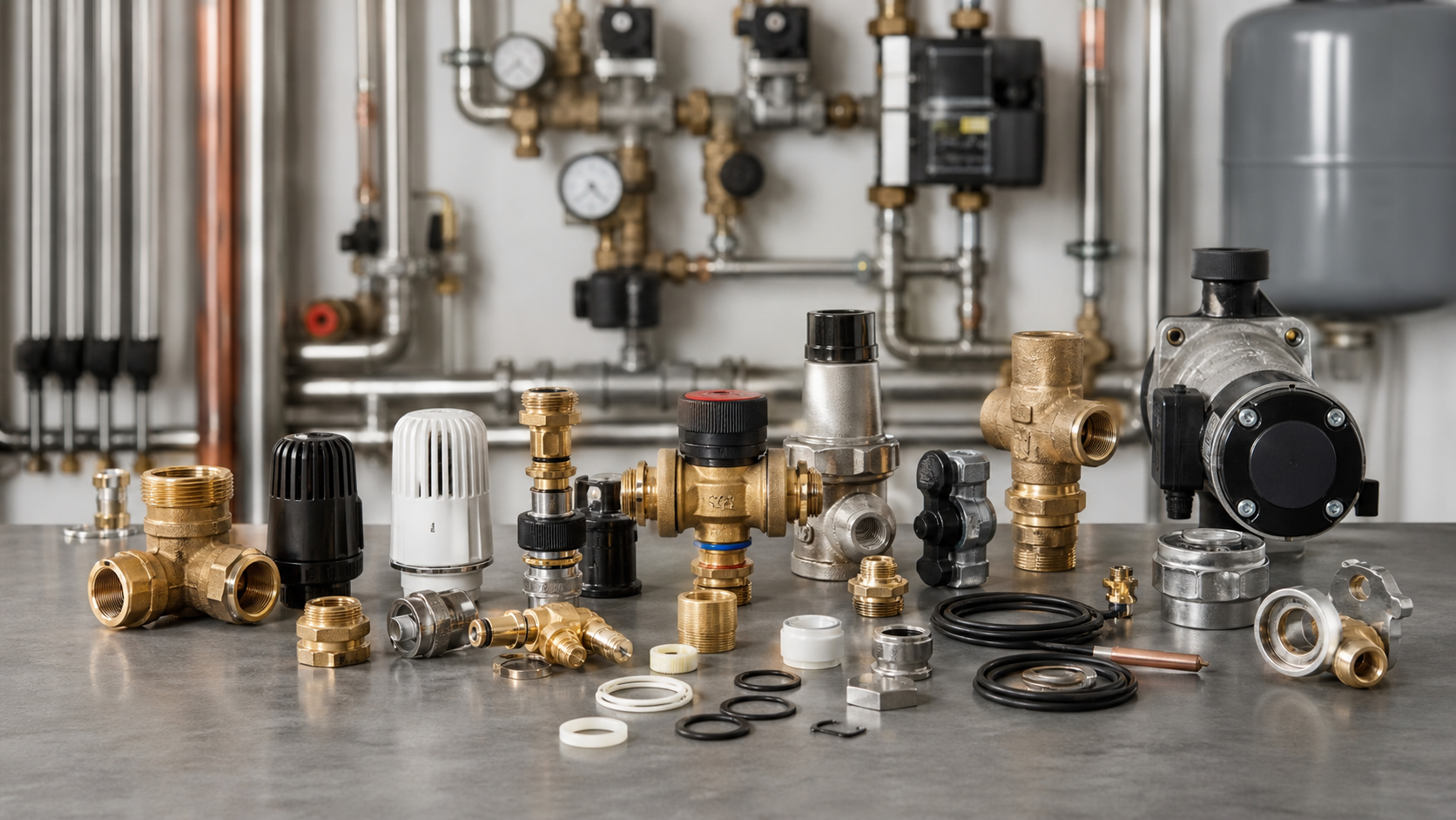 Thermoventiler Ersatzteile für Armaturen und Hydraulik in sauberer technischer Werkstattumgebung