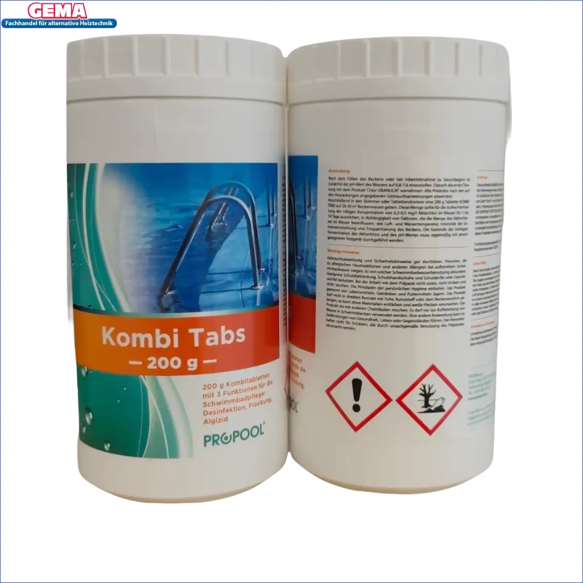 Weiße Behälter mit Pool-Reinigungstabletten Kombi Tabs 200 g für Boiler-Zubehör