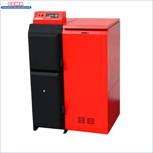 Rotes und schwarzes Heizsystem an Pelletkessel Thermoflux Pelling Eco 25kW/75kg