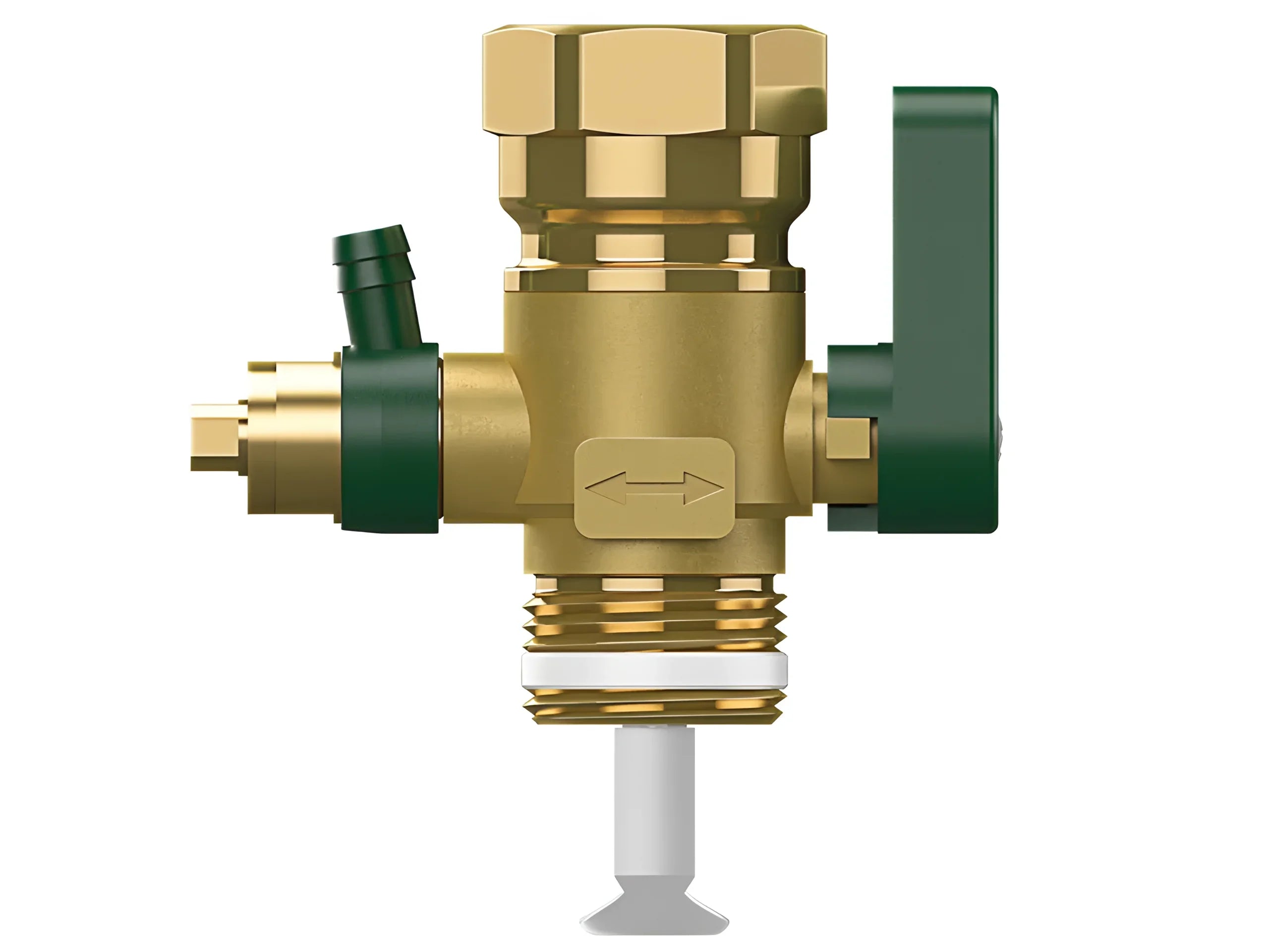Ventil mit grünem Hebel und mehreren Anschlüssen, ideal für Heizsysteme 🔧🌡️