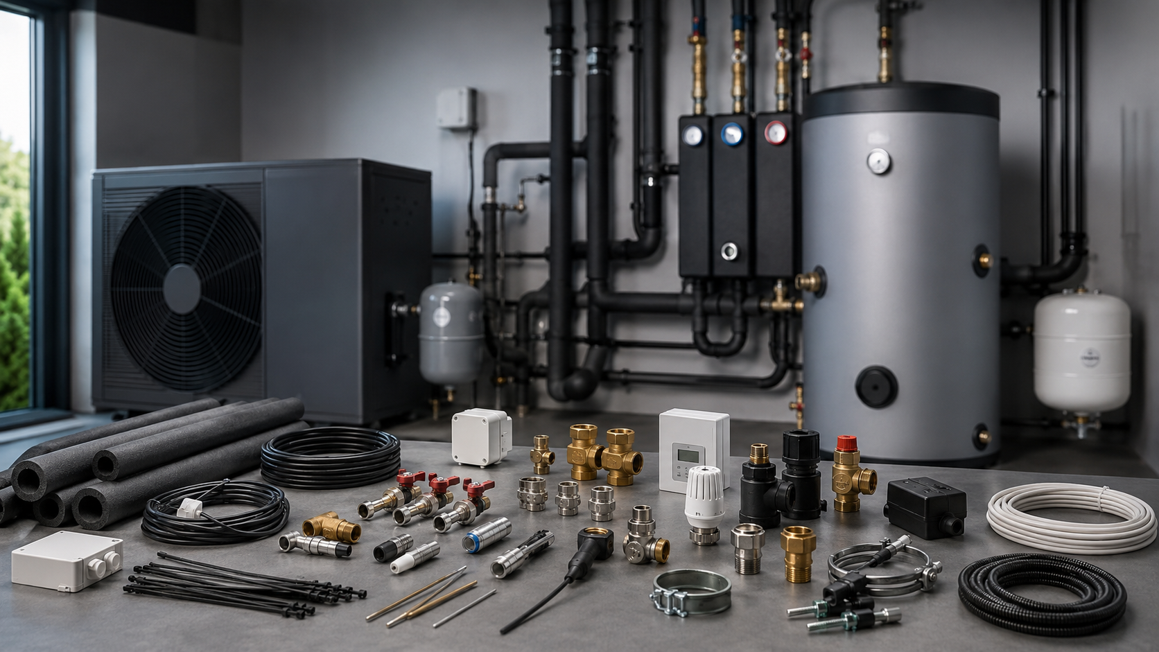 Wärmepumpenzubehör und Ersatzteile in sauberem Technikraum mit Hydraulik- und Regelungskomponenten
