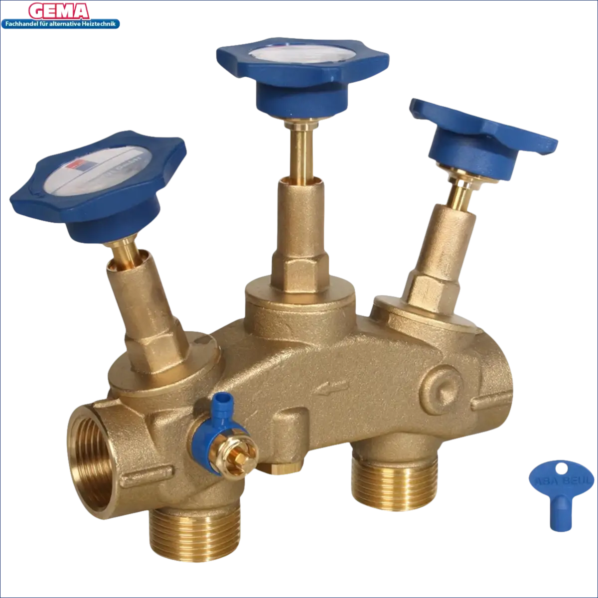 Brass manifold with blue knobs for Wasserenthärtungsanlage R2D2 72 mit 1 Anschluss-Set